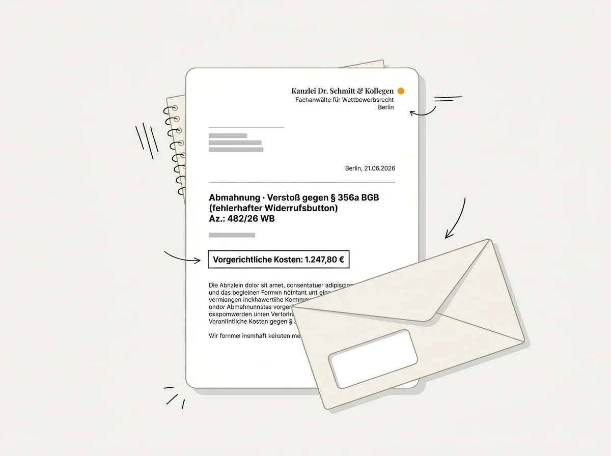 Illustration einer anwaltlichen Abmahnung wegen Verstoß gegen § 356a BGB: Briefkopf der Kanzlei, Betreff fehlerhafter Widerrufsbutton, Aktenzeichen und vorgerichtliche Kosten von 1.247,80 €.