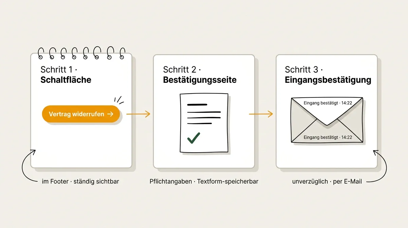 Die drei Pflichten 2026: Widerrufsbutton im Footer, Bestätigungsseite mit Pflichtangaben, E-Mail-Bestätigung mit Zeitstempel.