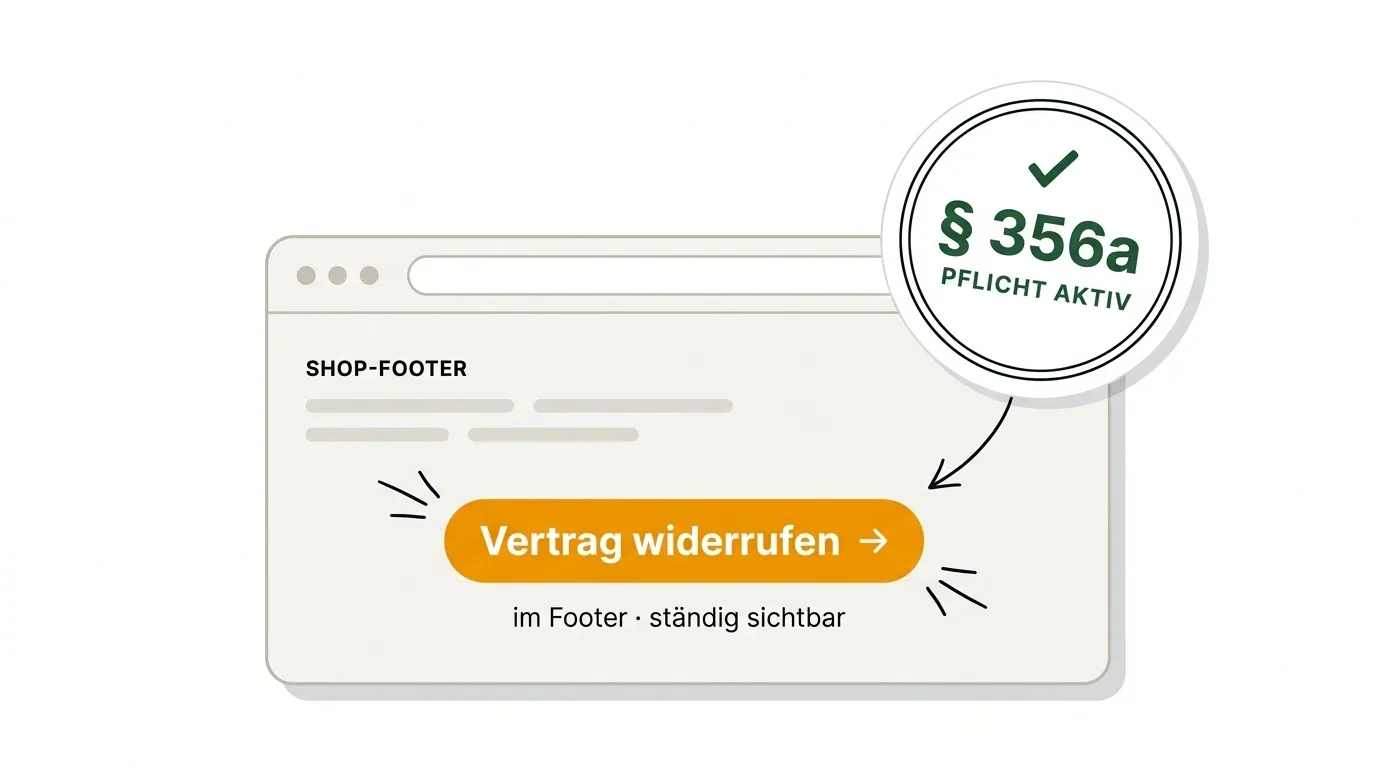 Shop-Footer mit dem Pflicht-Button Vertrag widerrufen und grünem Siegel § 356a · Pflicht aktiv.