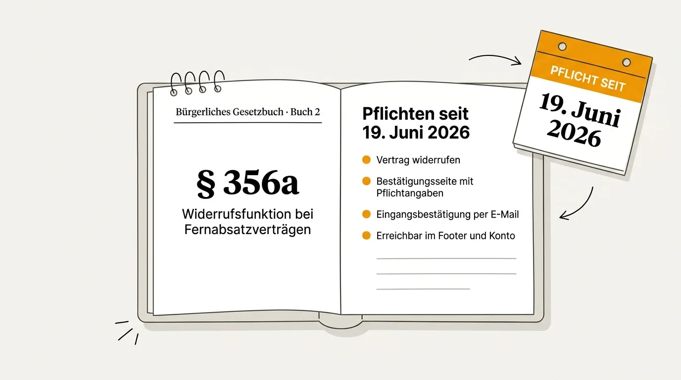 Kalenderblatt mit Stichtag 19. Juni 2026 und gedrucktem Compliance-Report — Widerrufsbutton 2026.