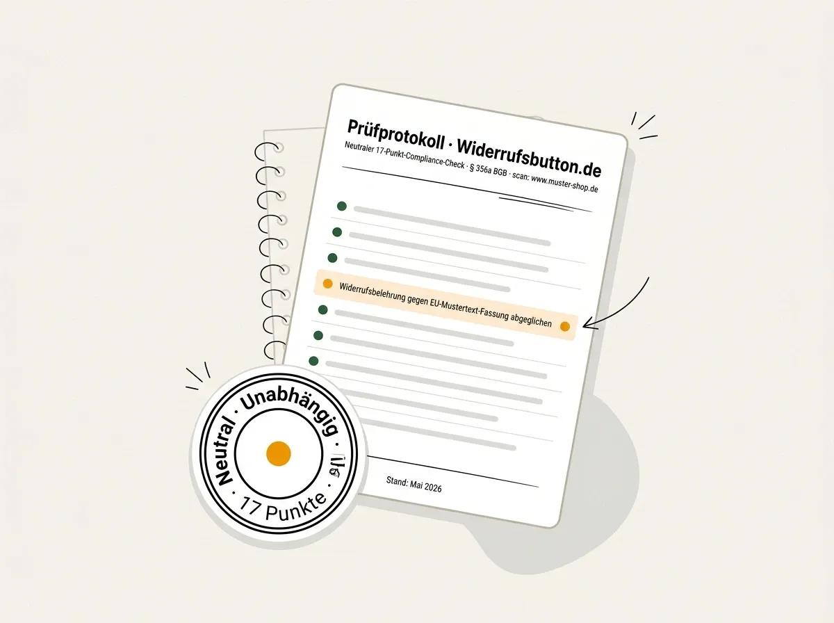 17-Punkt-Prüfprotokoll mit Ampel-Status pro Pflichtpunkt aus § 356a BGB.