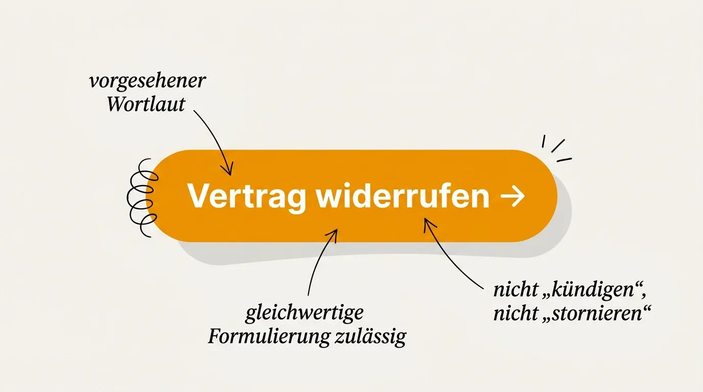 Vorgesehener Wortlaut „Vertrag widerrufen" auf einem großen Button — auch in Shopify so vorgesehen.