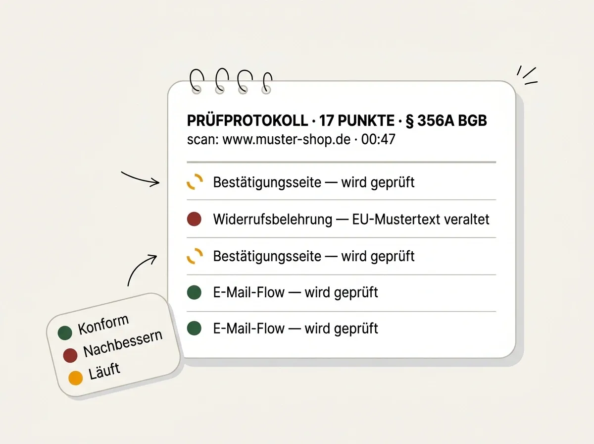 Illustration: Prüfprotokoll mit Ampel-Status-Liste der Pflichtpunkte aus § 356a BGB.