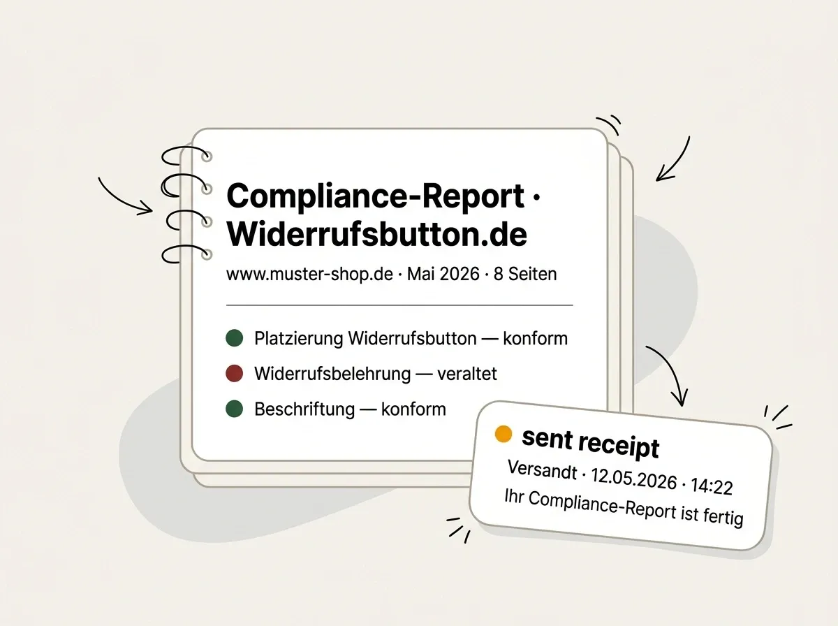Illustration: Compliance-Report als mehrseitiges PDF mit Ampel-Status und Versand-Bestätigung.